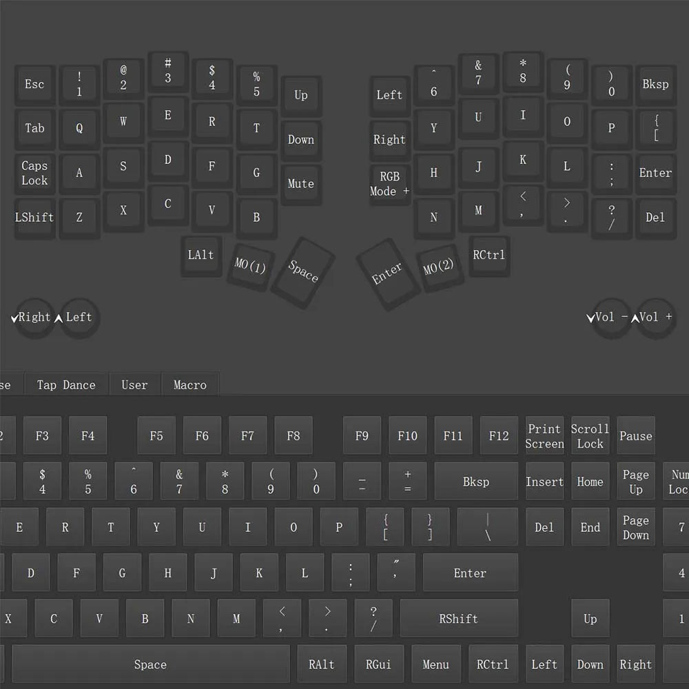 Corne 4x6 keyboard key layout diagram with printed key legends and arrows