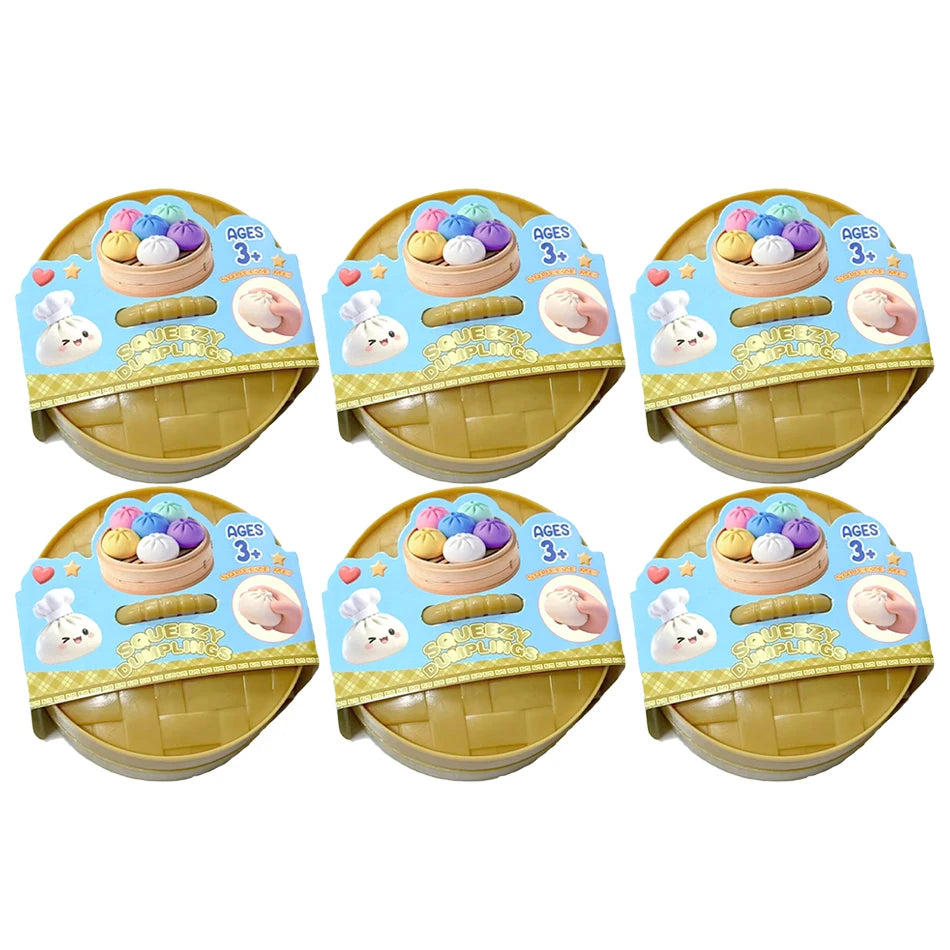 Dumpling squishy fidget toy multipack showing six yellow tray packages