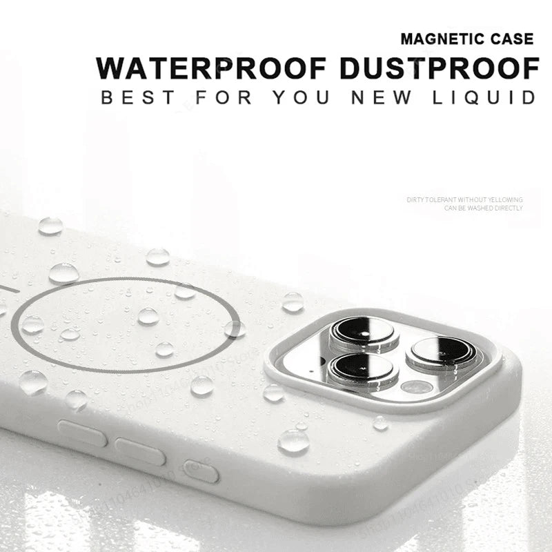 Light gray MagSafe silicone phone case with camera cutout, shown with water droplets