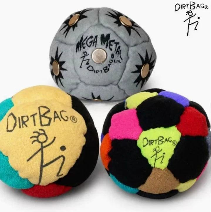 Sand-filled hacky sack balls set: gray “Mega Metal” ball and colorful logo balls