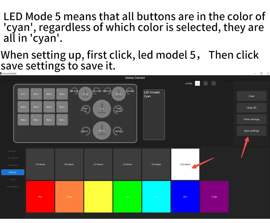 RGB mechanical keypad control screen highlighting cyan lighting for selected keys