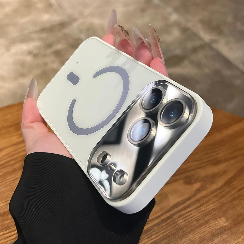 Magnetic phone case with large camera window, white, camera openings and button/port cutouts.