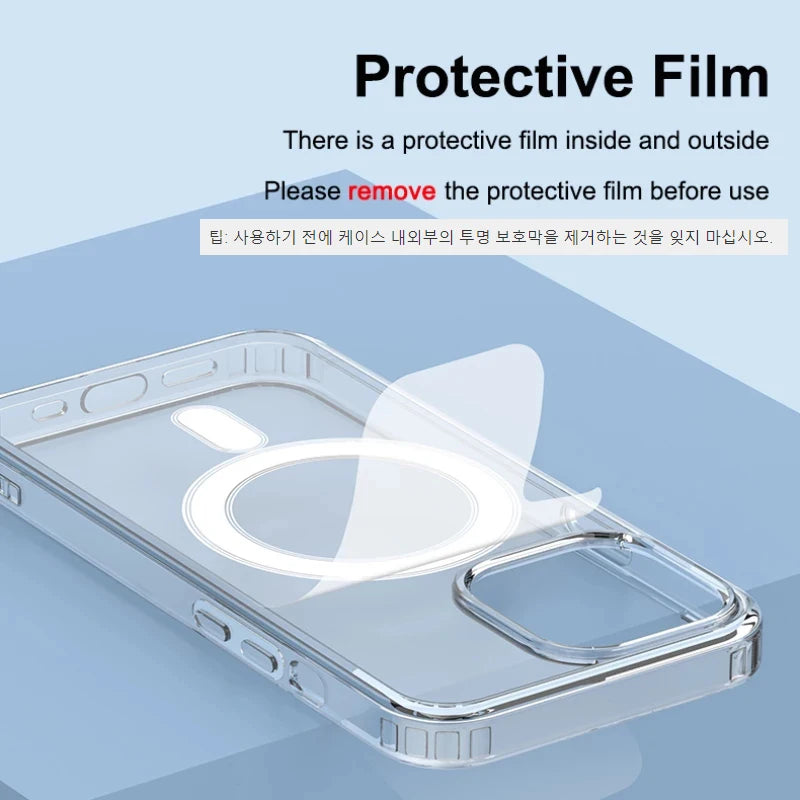 Clear magnetic iPhone case showing protective film on front and back