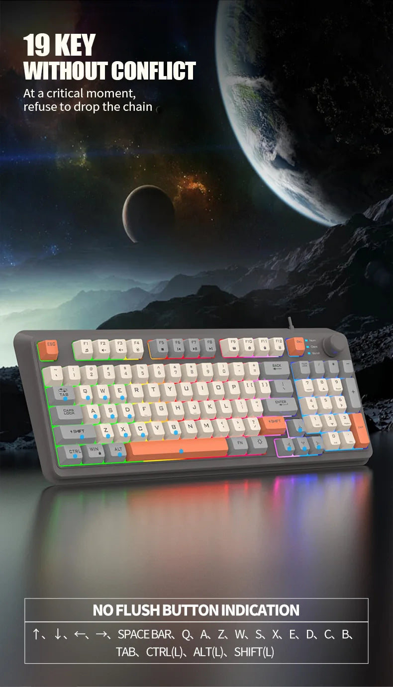 94-key RGB keyboard with multicolor keycaps and volume knob, gaming desk setup