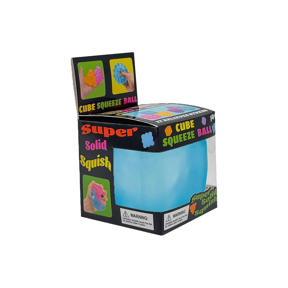 Blue cube squeeze ball squishy toy in display box
