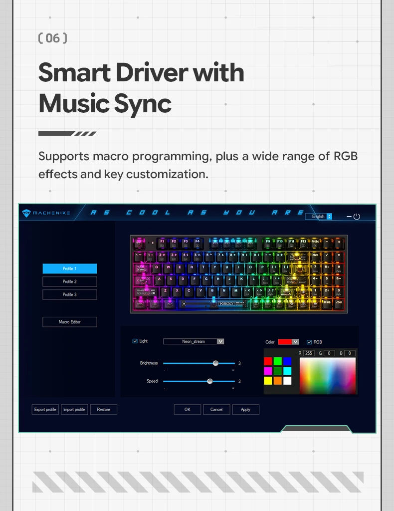 Mechanical keyboard RGB control screen with macro programming and music sync effects