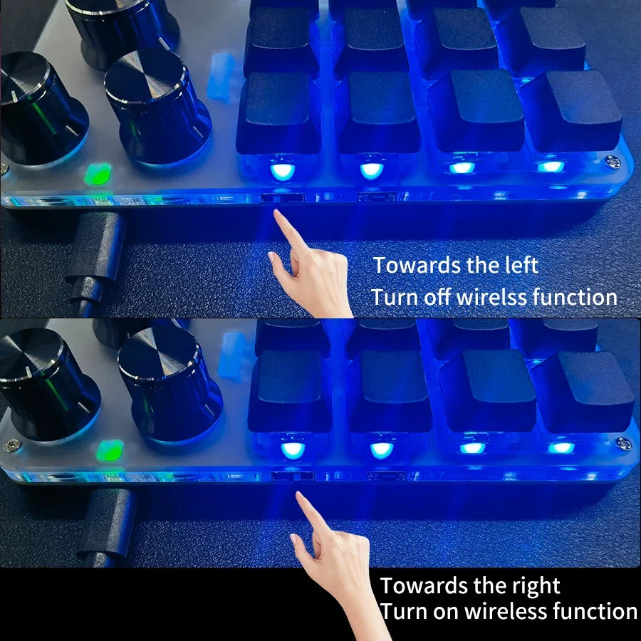 Mechanical keyboard with blue RGB backlight and large rotary knobs