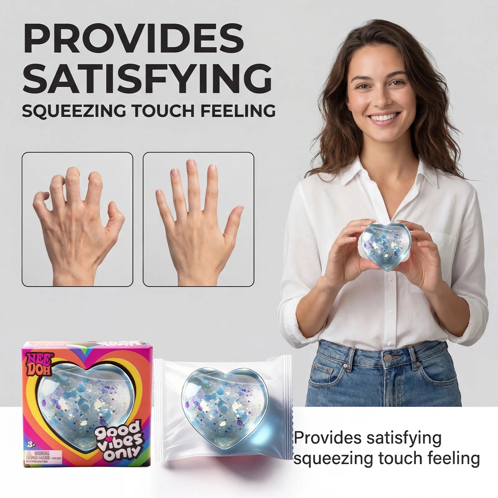Needoh stress relieving toy with a soft and comfortable touch, gentle and non stick heart shape, cute, compact and portable palm