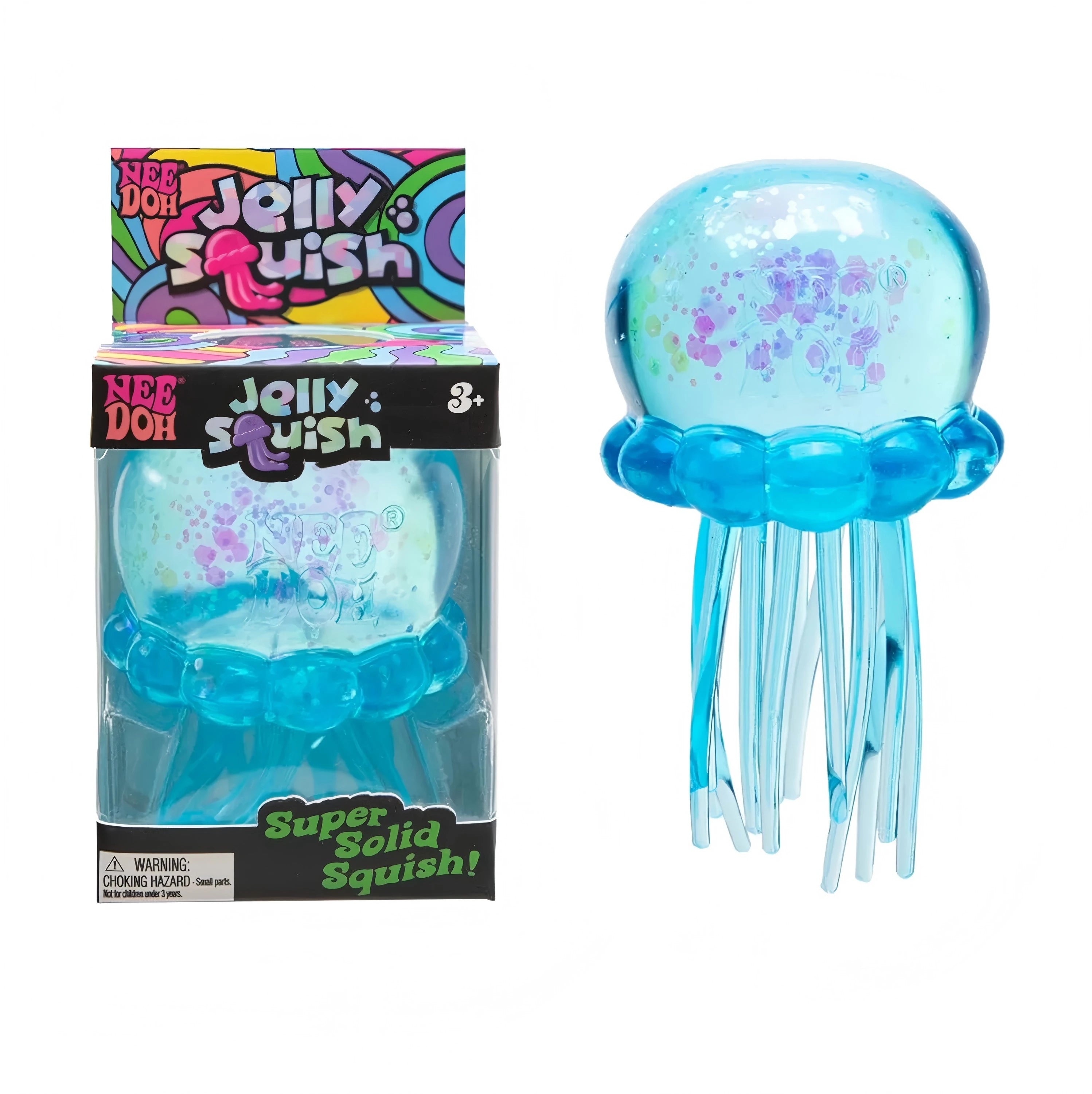 NeeDoh Jellyfish squish toy, blue translucent jelly with box