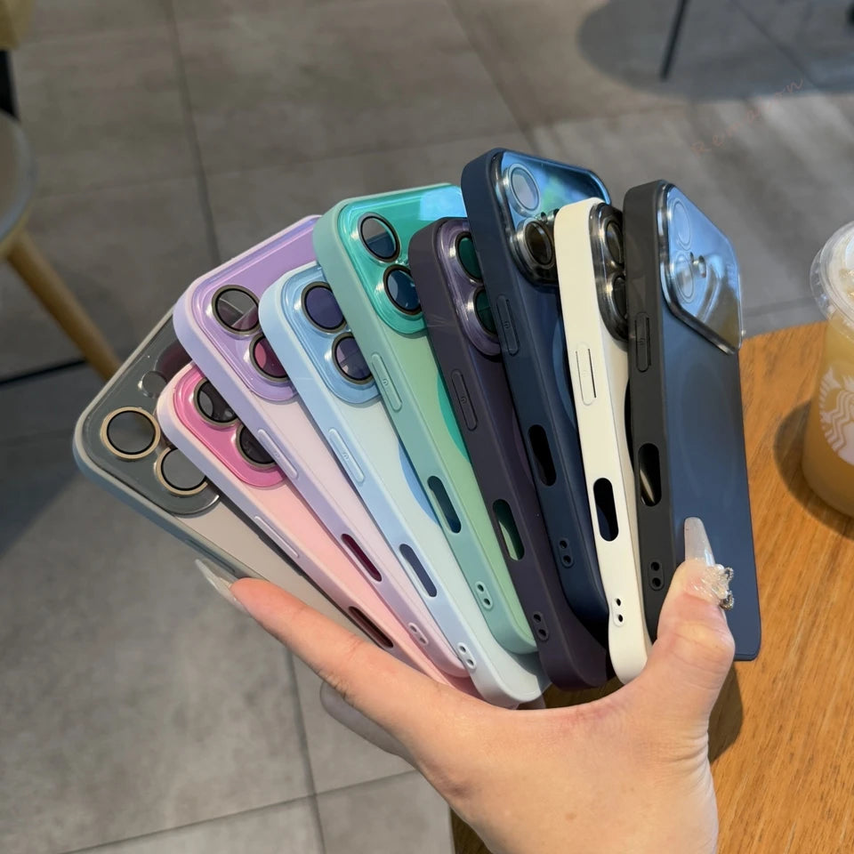 Assorted magnetic phone cases with large circular window cutouts in multiple colors