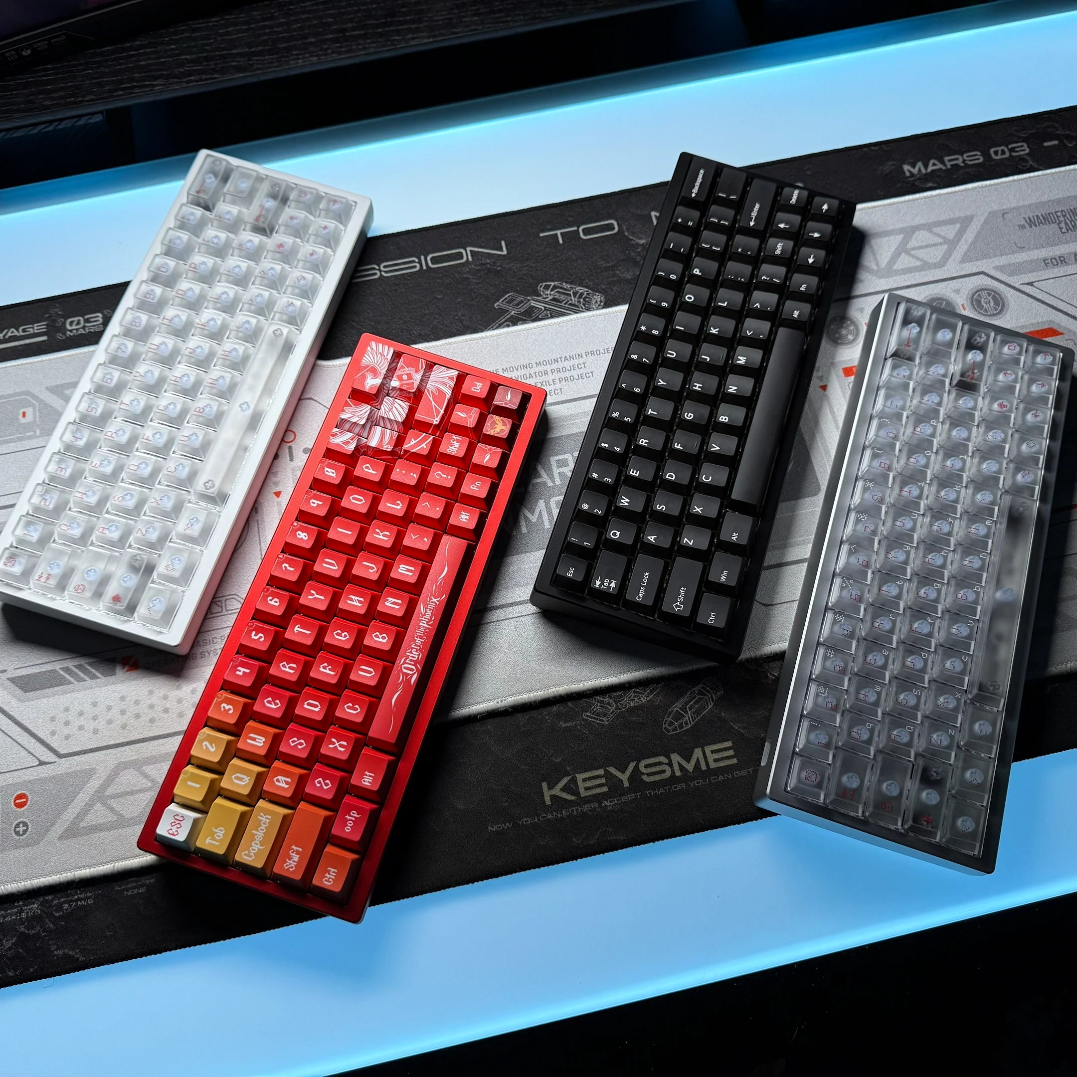 White, red, and black keyboard PCBs with transparent LED housings