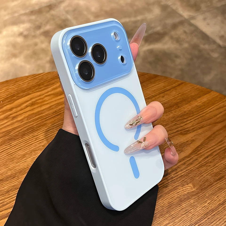 Magnetic phone case with large camera window, light blue finish, and protective edges.
