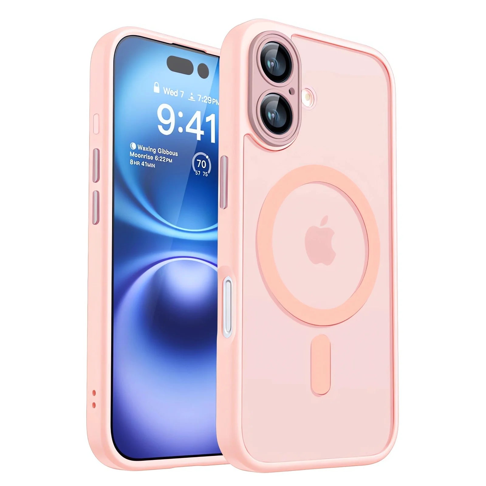 Magnetic shockproof iPhone case, matte translucent pink with MagSafe ring and camera cutouts
