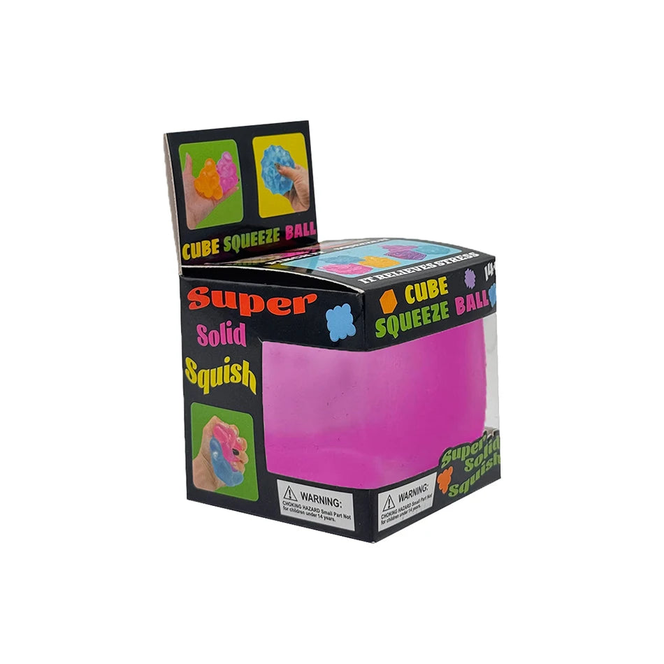 Purple cube squeeze ball toy in retail box with cloud graphic