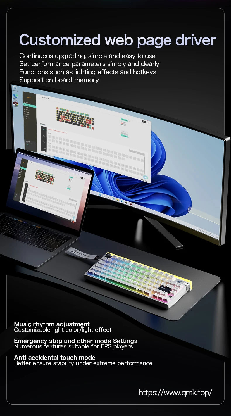 Gaming keyboard with RGB keycaps on a desk beside multi-screen settings