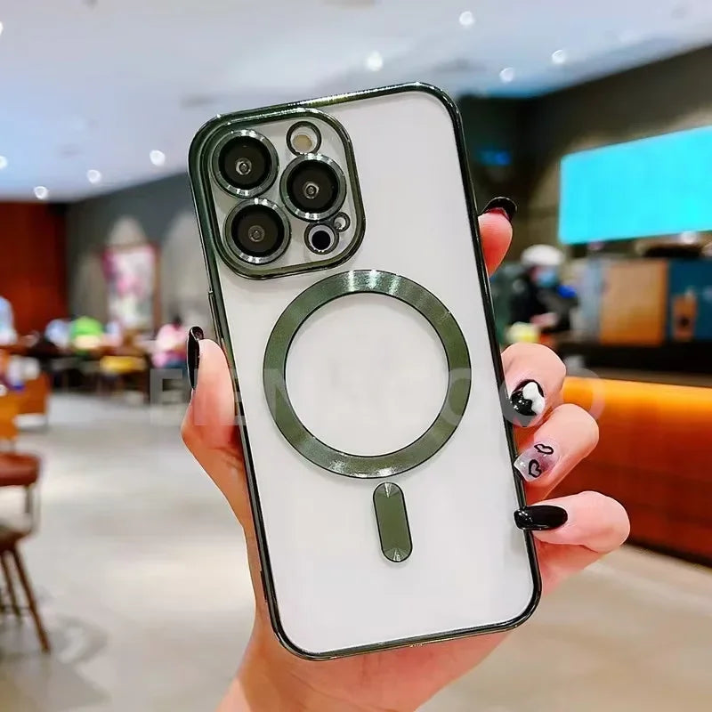Dark green MagSafe wireless charge phone case with lens protector and magnetic ring