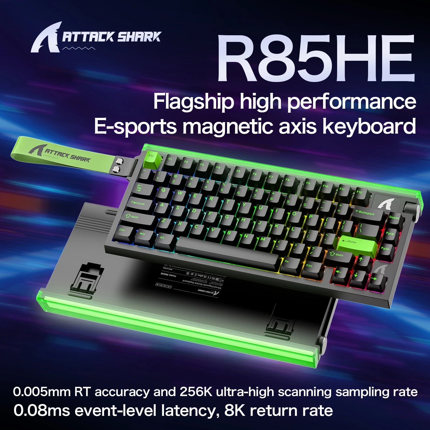 White mechanical gaming keyboard with RGB backlighting and green accent lighting.