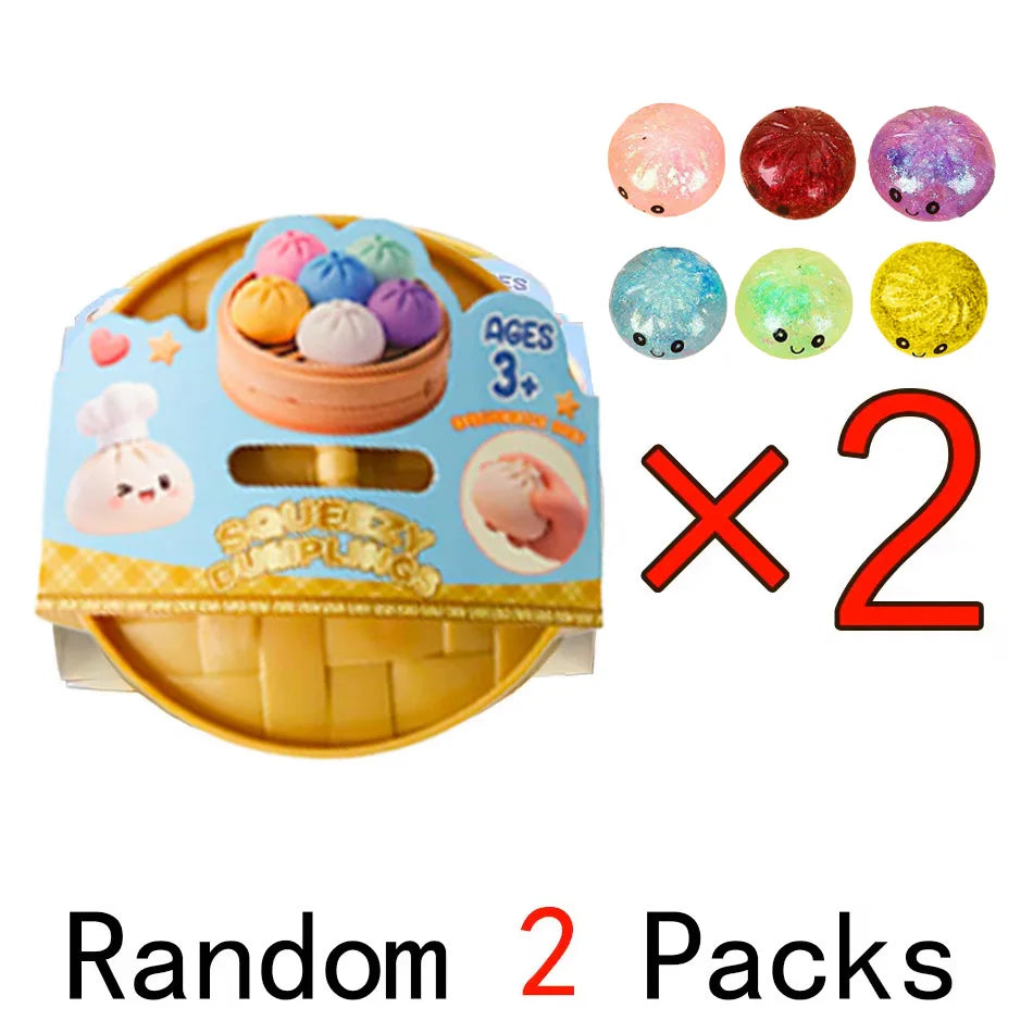 Squishy dumpling fidget toy packaging with count graphic for two sets