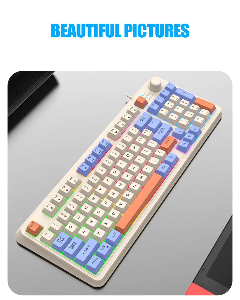 90% RGB keyboard with white keycaps, orange and blue function keys, and volume knob.