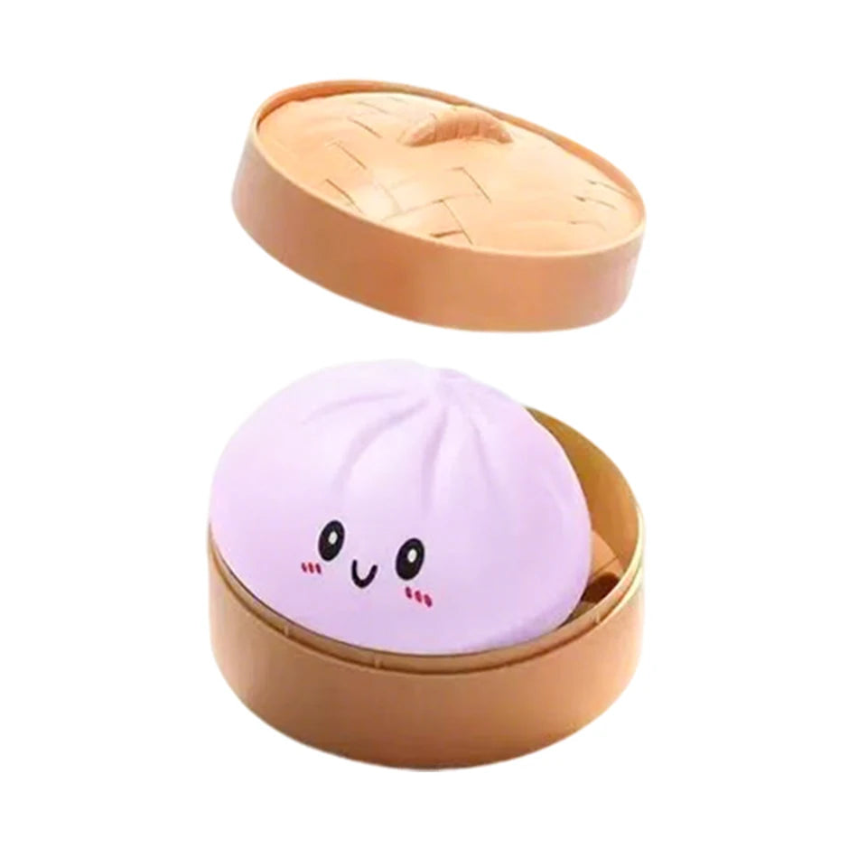 Purple dumpling squishy stress ball in brown steamer with closed lid and face