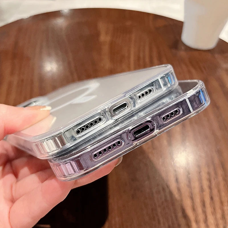 Clear transparent phone case side view with open ports and raised protective edges