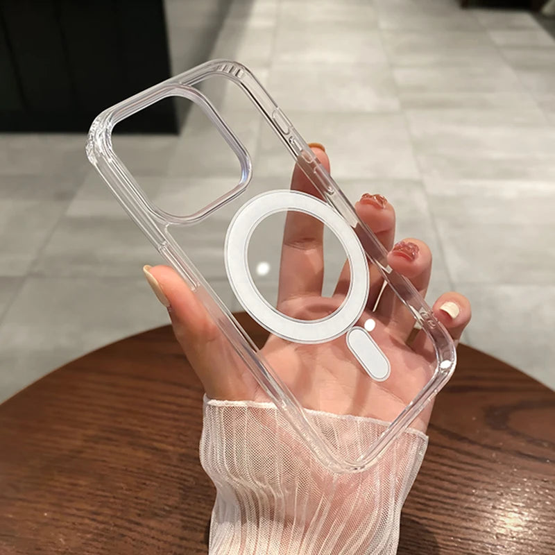 Clear MagSafe wireless charge phone case with side buttons and raised camera/charging ring