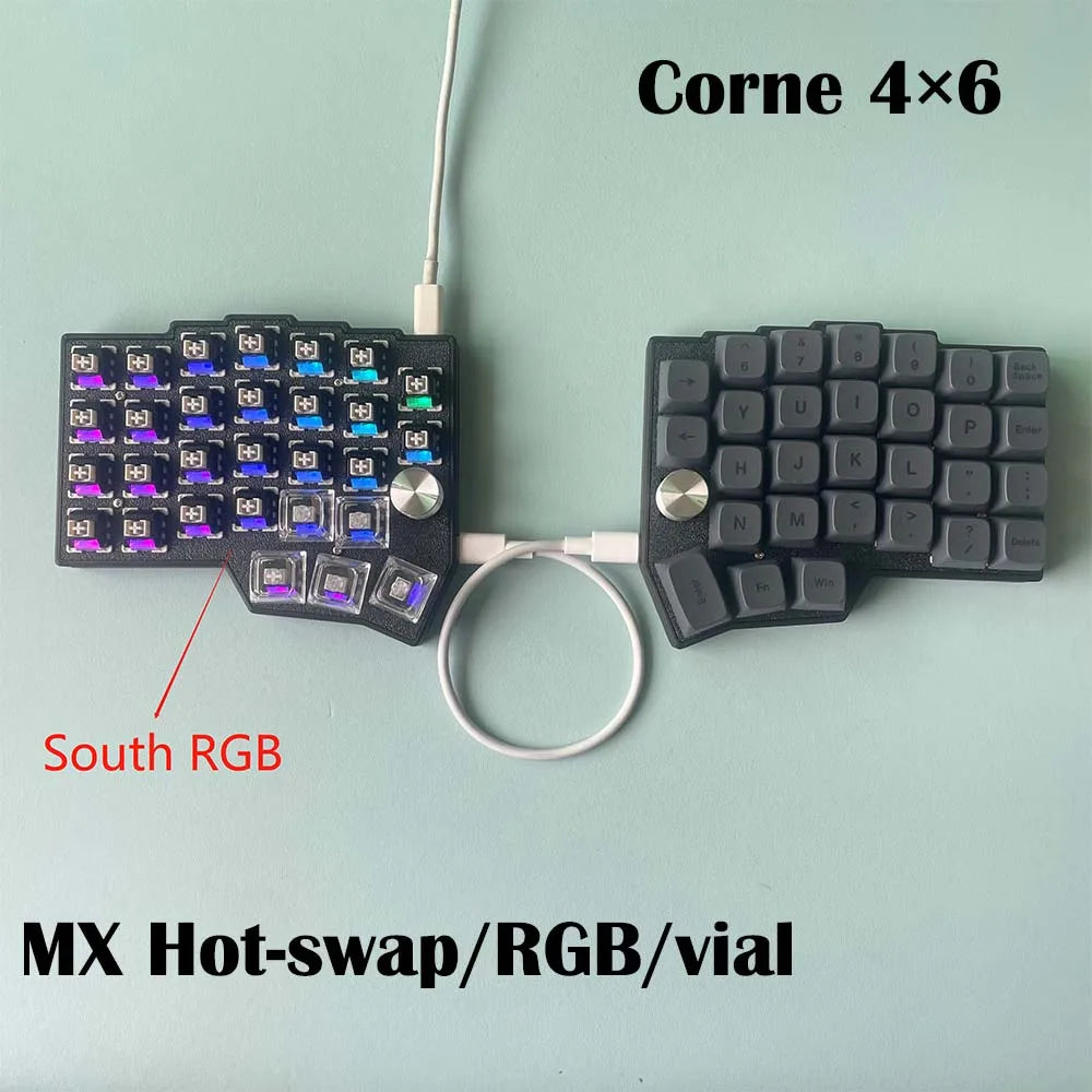Corne 4x6 split keyboard with RGB-lit switches, rotary knobs, and wired cable