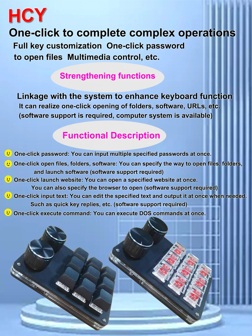 Two 9-key macro keyboards with dual knobs and RGB-lit keys; one shows red keycaps