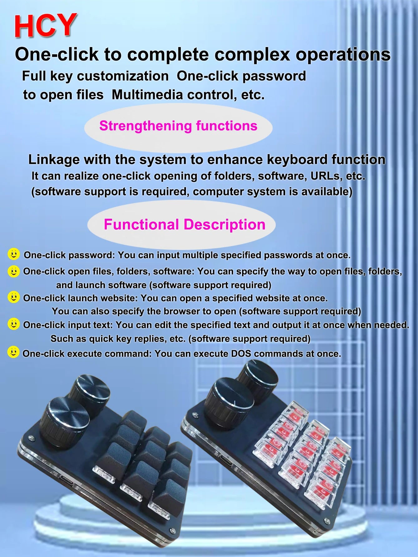 Two 9-key macro keyboards with dual knobs and RGB-lit keys; one shows red keycaps