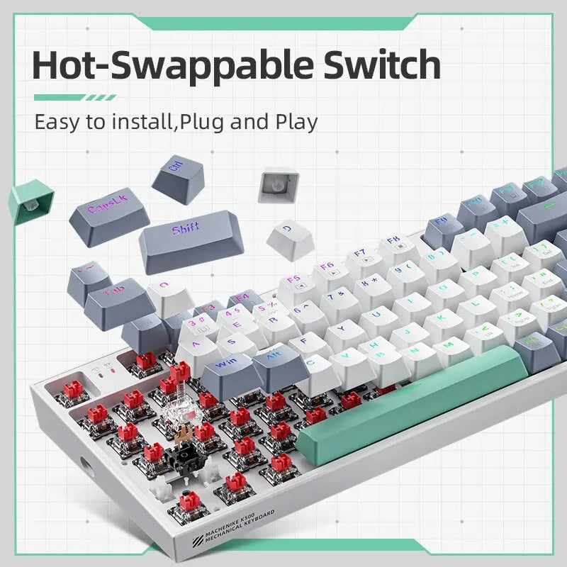 Hot-swappable mechanical keyboard showing exposed switches and keycaps
