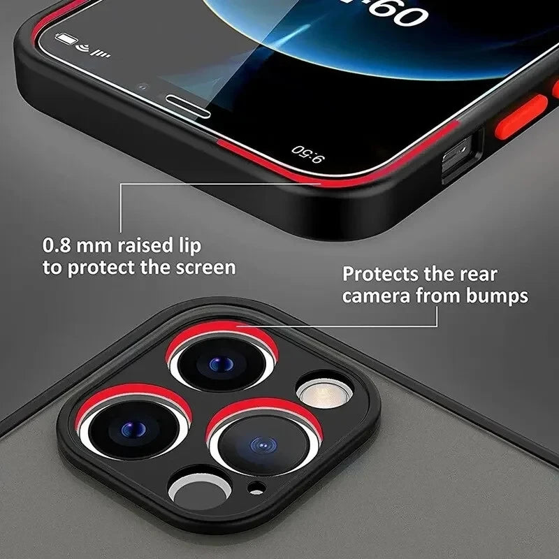 Black MagSafe phone case showing raised camera protection and red-accent side buttons