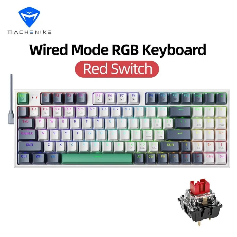 Wired RGB mechanical keyboard with white keycaps and red switch, compact 94-key layout