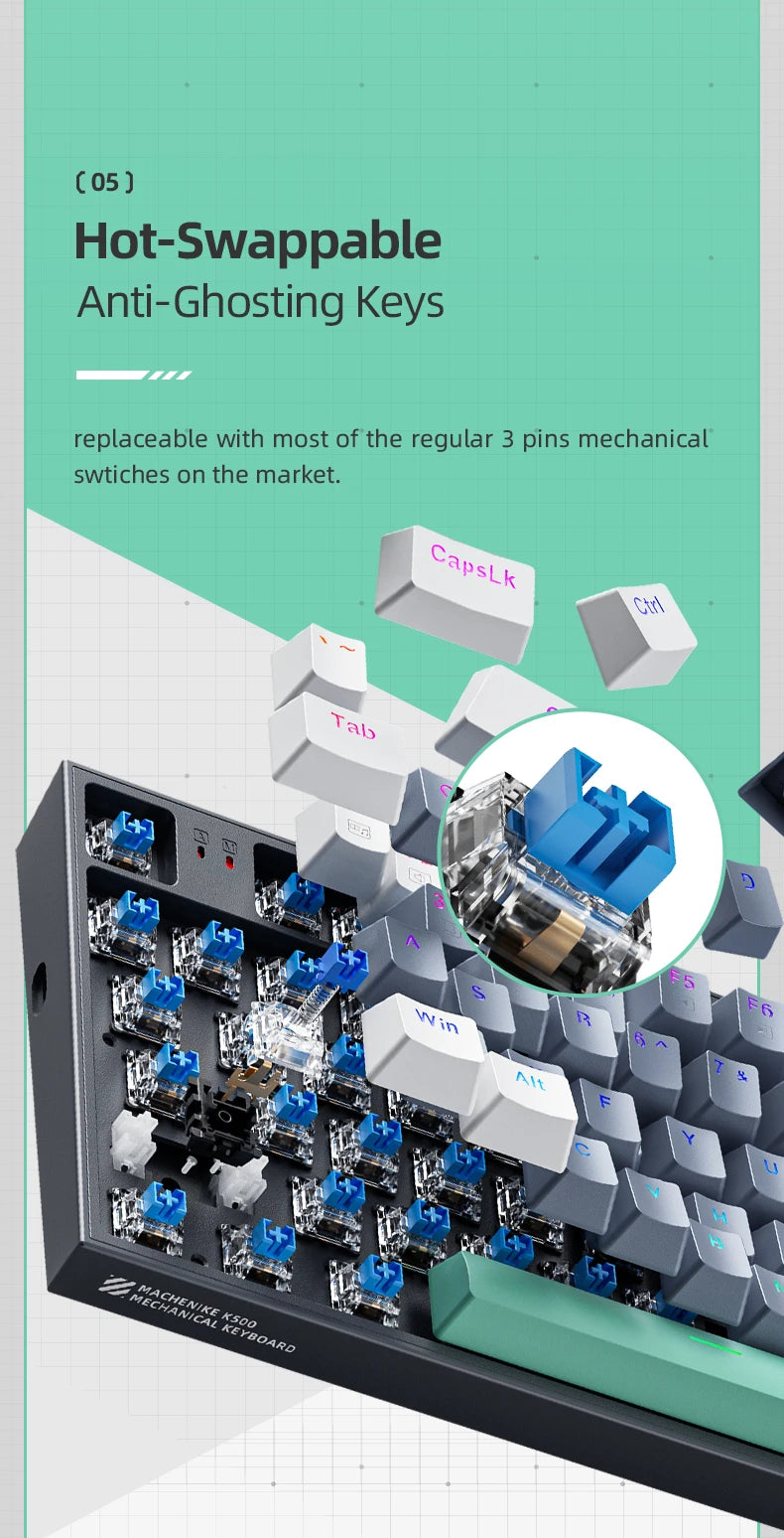 Hot-swappable mechanical keyboard with exposed switch sockets and anti-ghosting keys
