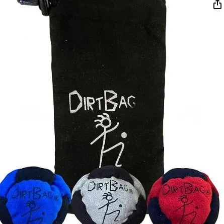 DirtBag suede pouch with drawstring and logo plus 3 footbags: blue, gray, and red
