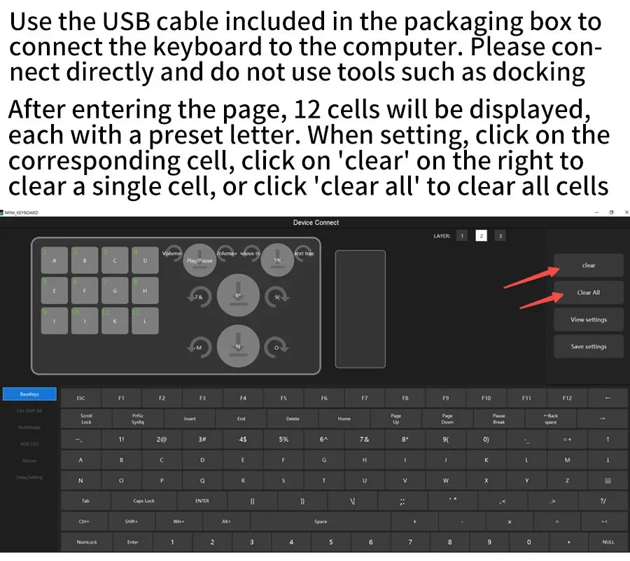 Mechanical keyboard USB setup instructions showing 12-cell preset letter mapping