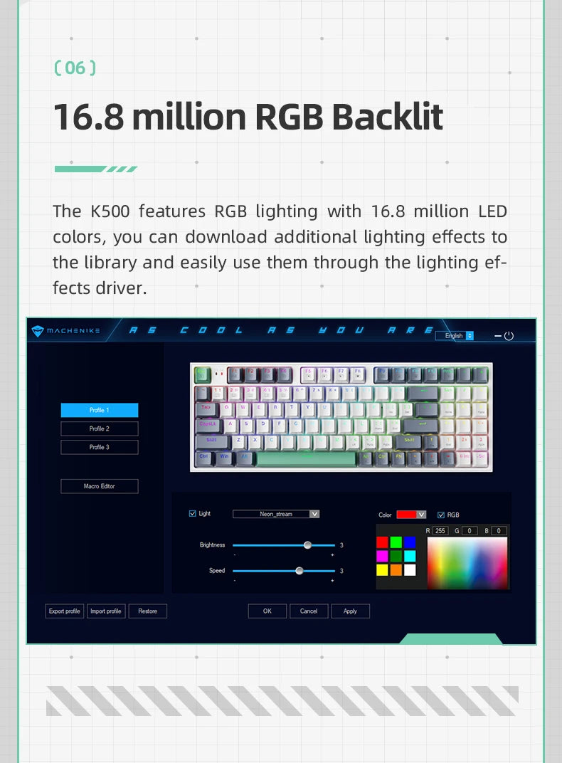 Mechanical keyboard with 16.8 million RGB backlight and color selection interface
