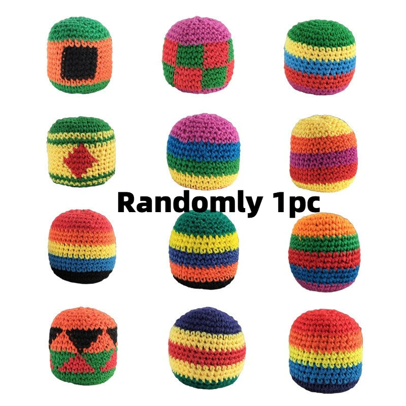 Randomly 1 knitted footbag ball, rainbow stripes with rounded crochet ball shape