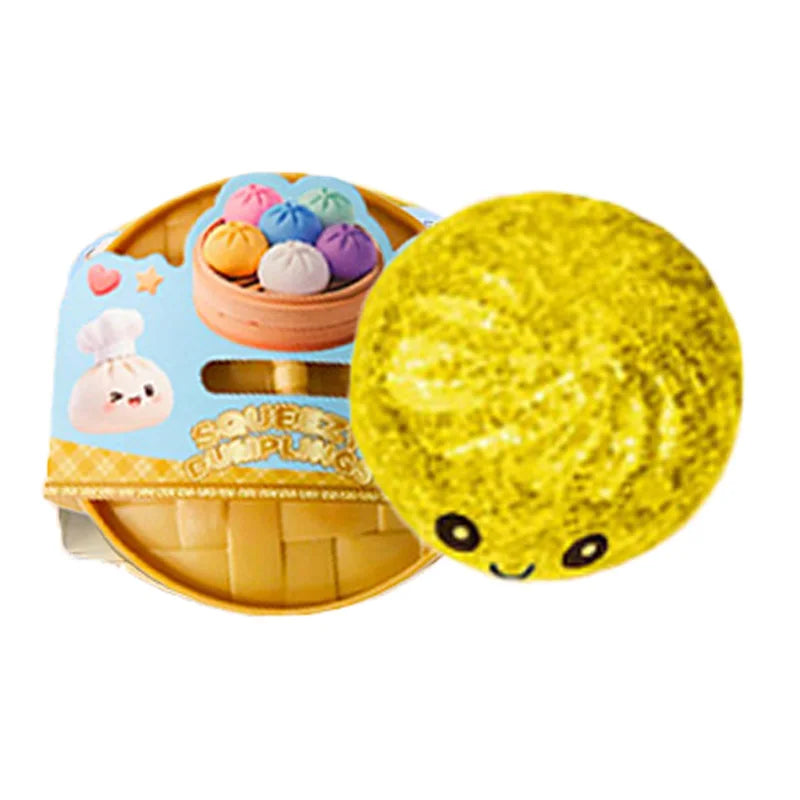Yellow squishy dumpling character with glitter texture next to boxed dumpling set