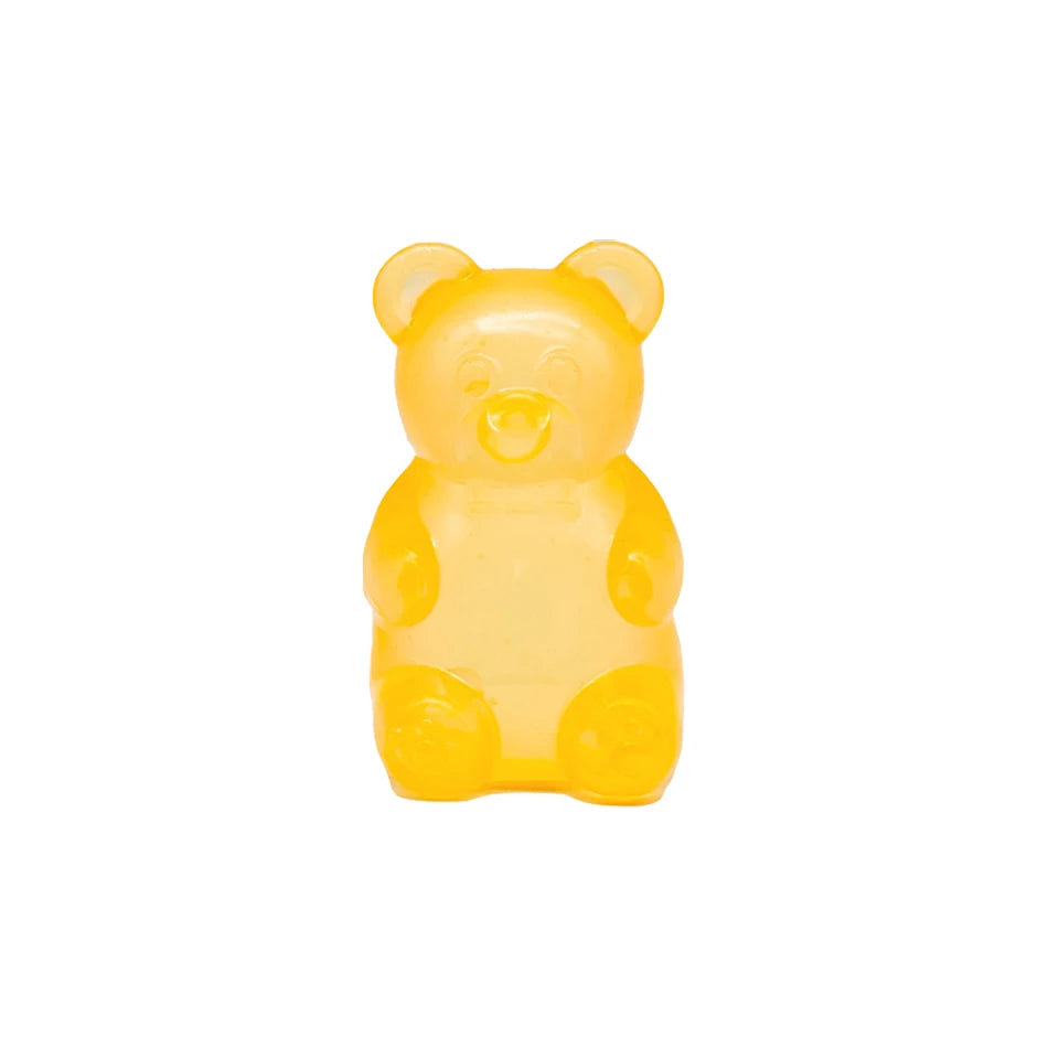 Yellow gummy bear stress squeeze toy with bear face and paws