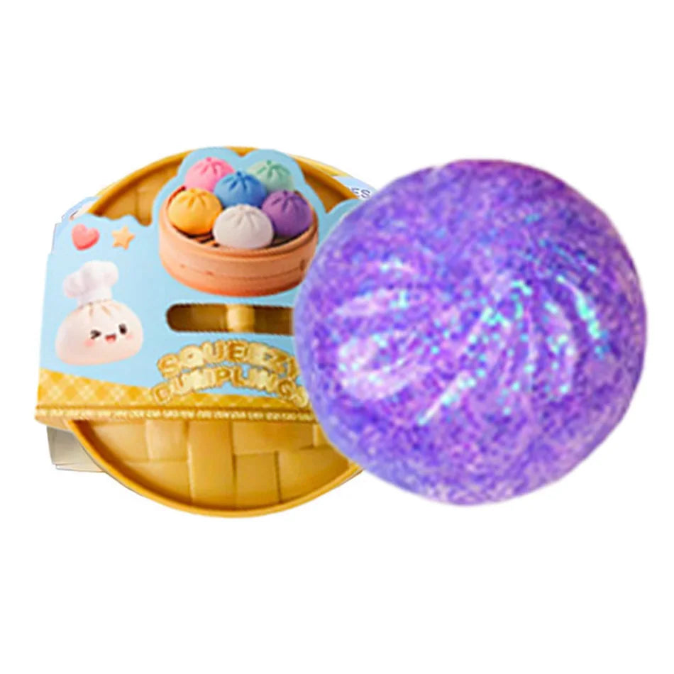 Purple glitter squishy dumpling character next to packaged dumpling set