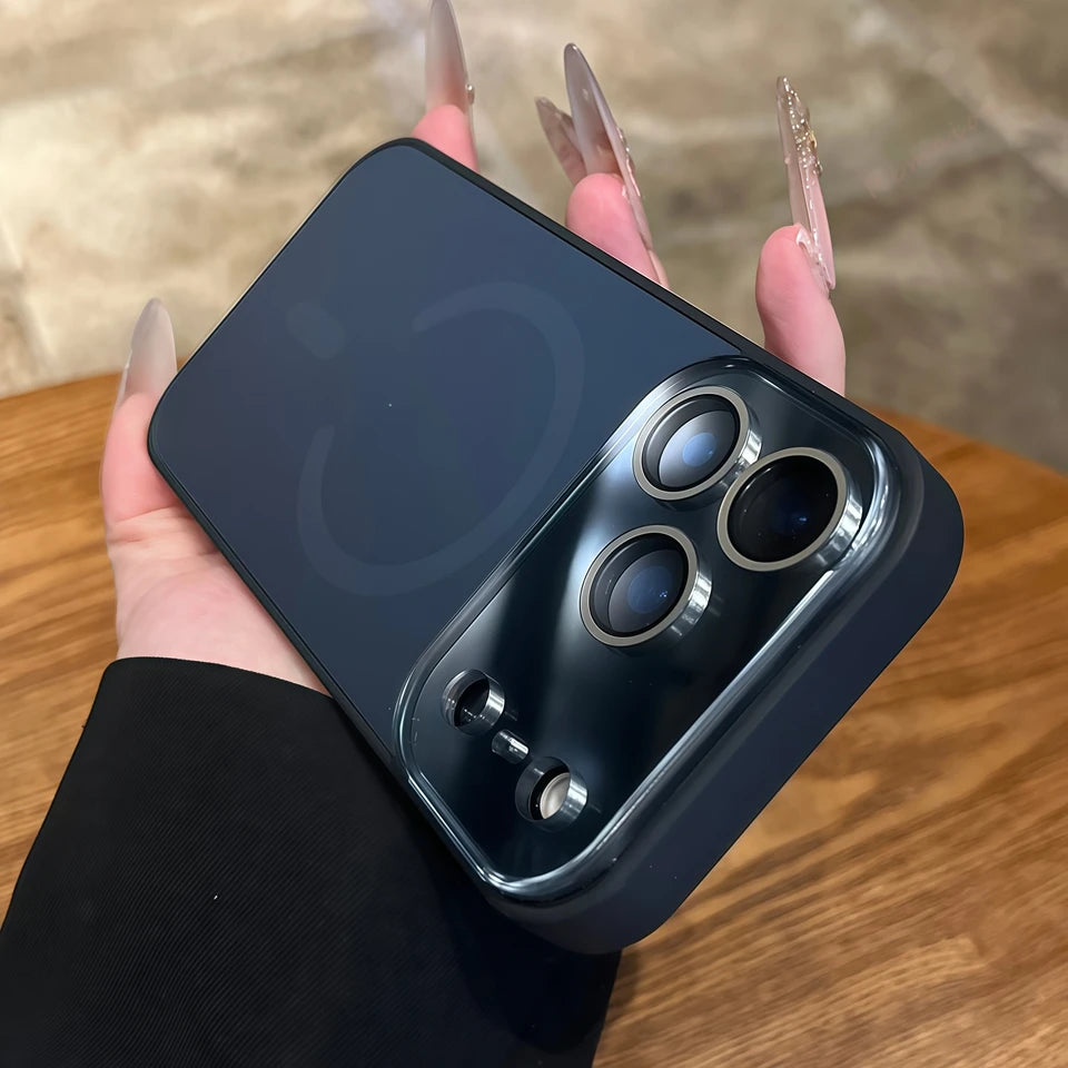 Magnetic phone case with large camera window, dark navy glossy finish, and side openings.