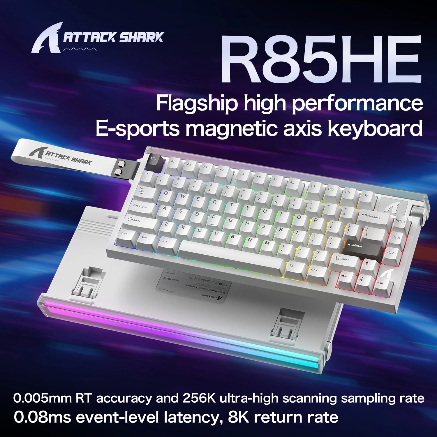 White RGB gaming keyboard with multi-color key backlight and glowing light bar.