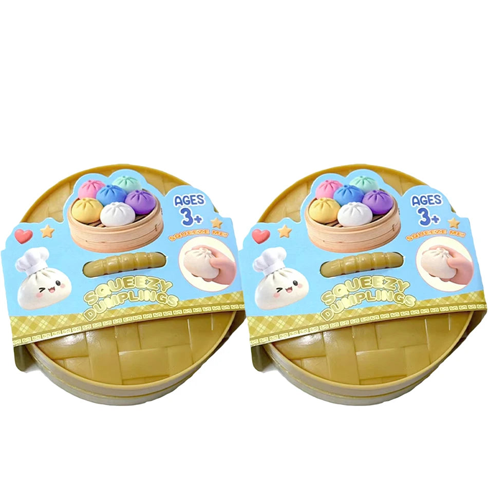 Dumpling squishy stress toy twin pack in retail packaging, yellow trays
