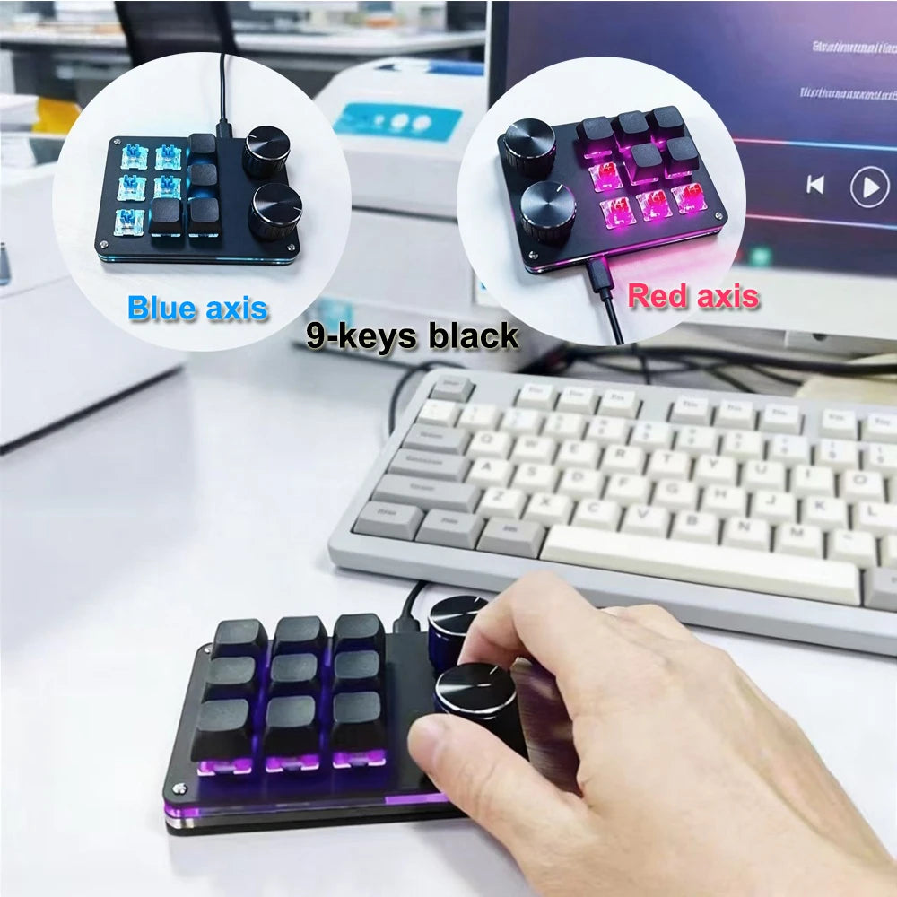 9-key editing keyboard with 9-key black keycaps and RGB backlighting for blue and red axes