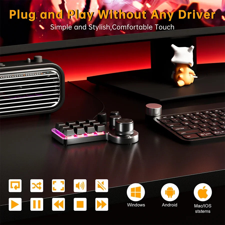 Black 12-key mechanical keypad with four knobs, RGB keys, and attached cable area