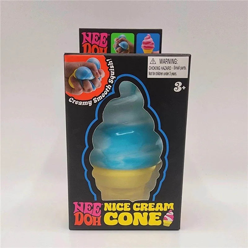 Nice cream cone stress toy in blue and cream colors, in retail box packaging