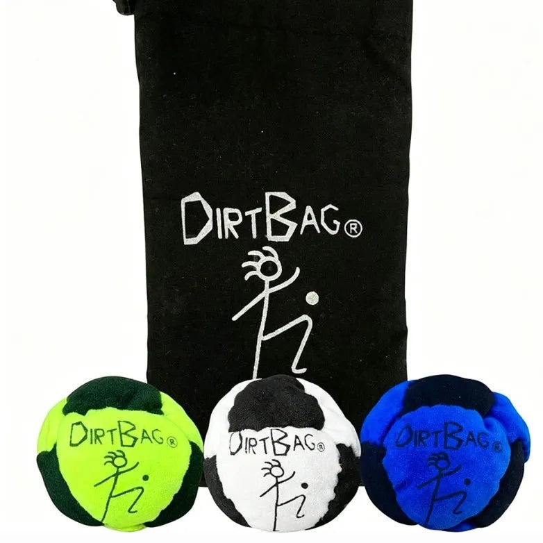 Black drawstring pouch with three sand-filled hacky sack balls: green, white, and blue
