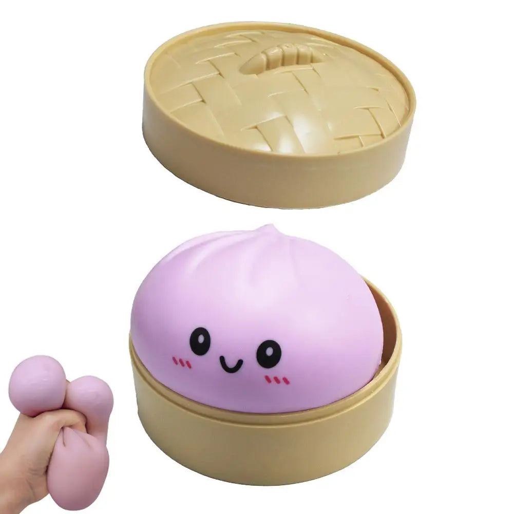 Purple smiling dumpling squishy in tan snap-lid container with lid open