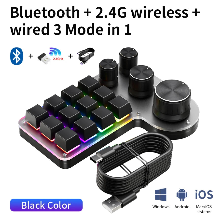 Black mechanical keypad with RGB backlight, three knobs, wireless dongle and cable