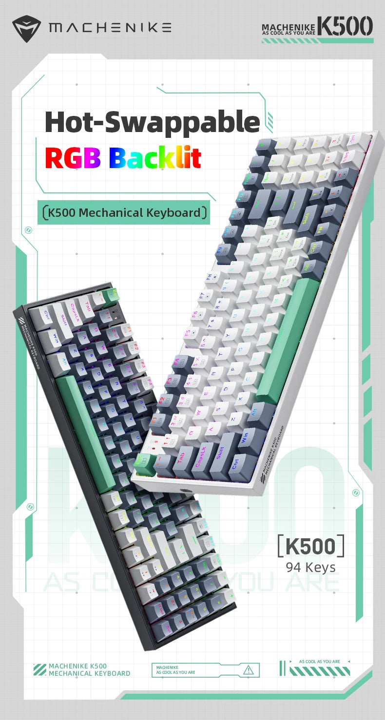 94-key hot-swappable RGB backlit mechanical keyboard, front and side angles